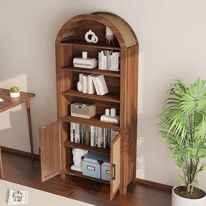 71" Tall Arched Bookcase with Storage, Mid-Century Modern 6-Tier Cabinet with Door, Arched Bookshelf Cabinet with Open Display Storage Shelf for Office Living Room (Walnut)