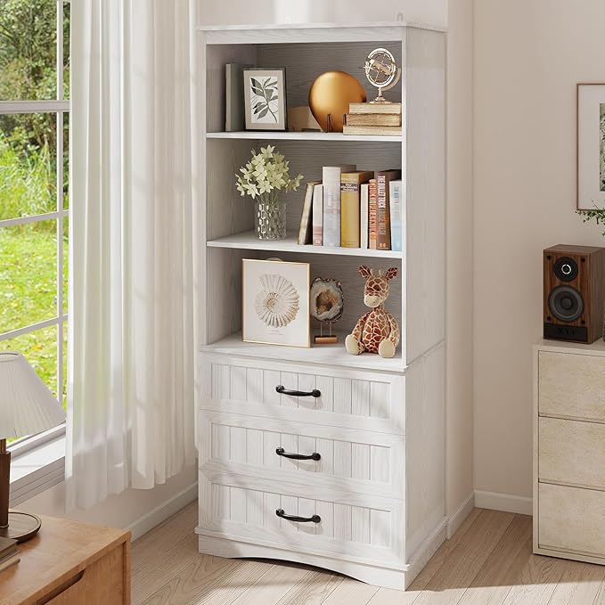 Gizoon 70'' Tall Bookcase with 3 Drawers Wooden Bookshelf with Storage Cabinet Multifunctional Book Storage Organizer for Office Living Room and Bedroom，White