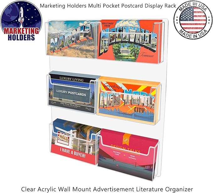 Marketing Holders Postcard Holder Greeting Cards Wall Rack with Hanging Hardware 6 Pocket Bin Holds 6" x 4" Printed Material Plastic Clear Memos and Messages Display for Cruise and Airports