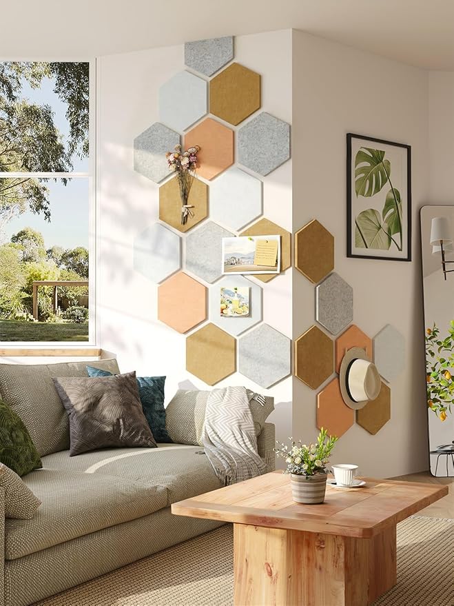 8 Pack Hexagon Felt Bulletin Board Tiles - 11.8" Large Thick Pin Board for Walls with 30 Push Pins, DIY Boards for Office Home School Decor, Aesthetic Hex Cork Board Alternative
