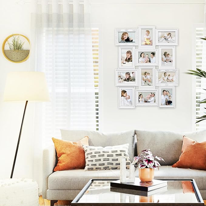 HELLO LAURA - Photo Collage Frames for Wall White Curved Classic European Style 12 Opening 27" x 20.5" Wall Hanging Picture Frame Collage 4" x 6" Photo Sockets x 12 | Gallery Style