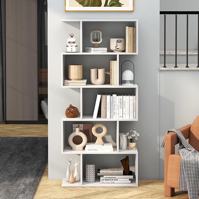 Tangkula 5-Tier Geometric Bookshelf, S Shaped Bookcase w/Anti-Toppling Device, Freestanding Room Divider, Industrial Home Office Decor Wood Open Storage Display Shelf for Living Room (2, White)