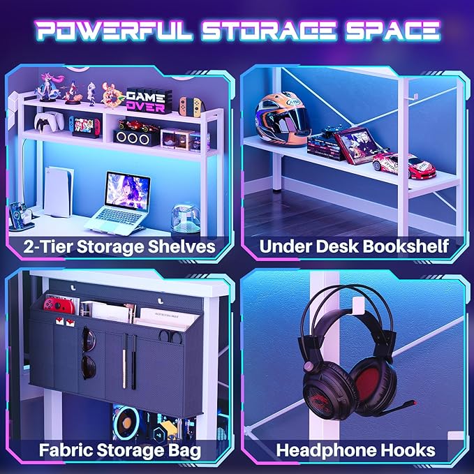 Aheaplus L Shaped Desk Gaming Desk, 59" L Shaped Computer Desk with LED Light & Power Outlet, Reversible Home Office Desk Gamer Desks with Shelves & Storage Bag & Hooks, Corner PC Desk, White