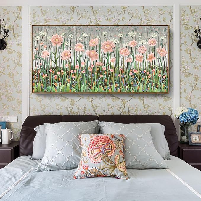 amatop Large Botanical Wall Art - Modern Floral Canvas Print, Pale Pink and Green Abstract Wildflower Oversized Framed Artwork for Living Room, Bedroom, Office Wall Decor (58x29 in)