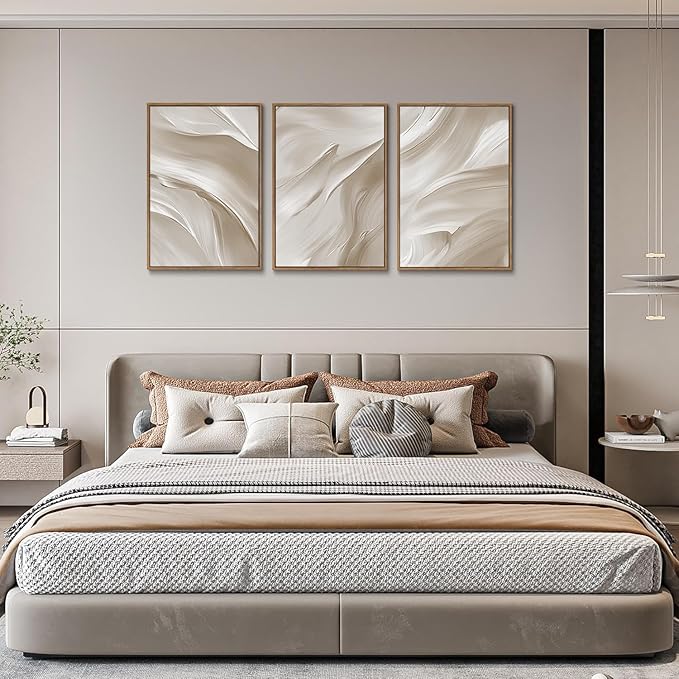 myusuar 3 Piece Large Abstract Framed Wall Art For Living Room, Smoke Texture Ink Beige White Canvas Wall Art Modern Minimalist Art Prints Wall Décor For Bedroom Office 16x24in