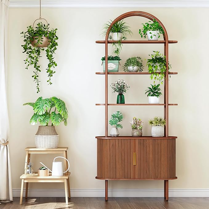 71" Tall Fluted Arched Bookshelf with Sliding Tambour Doors, Mid Century Modern Metal Curved Bookshelf Cabinet with Storage, 4-Tier Open Display Storage Shelf for Home Office, Living Room (Walnut)