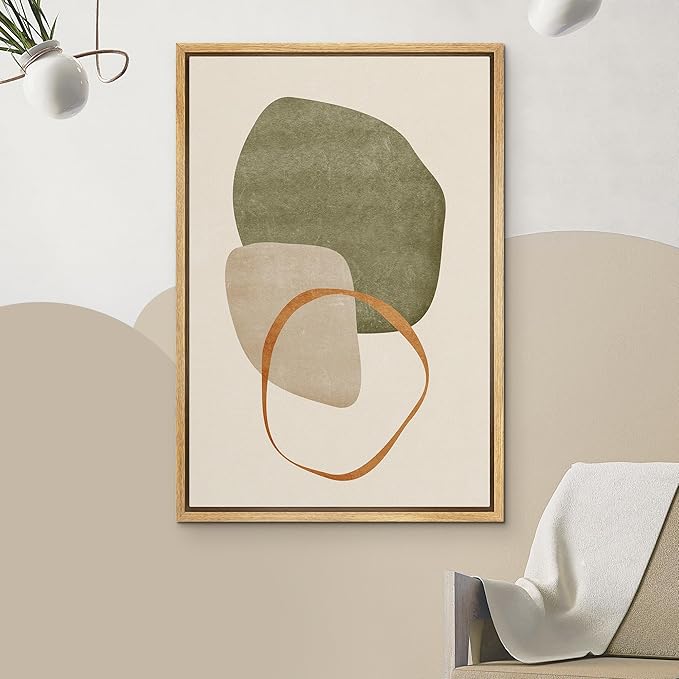 IDEA4WALL Framed Canvas Print Wall Art Retro Gold Sage Green Gray Geometric Color Blocks Abstract Shapes Illustrations Modern Art Decorative Minimalist Multicolor for Bedroom - 16"x24" Natural