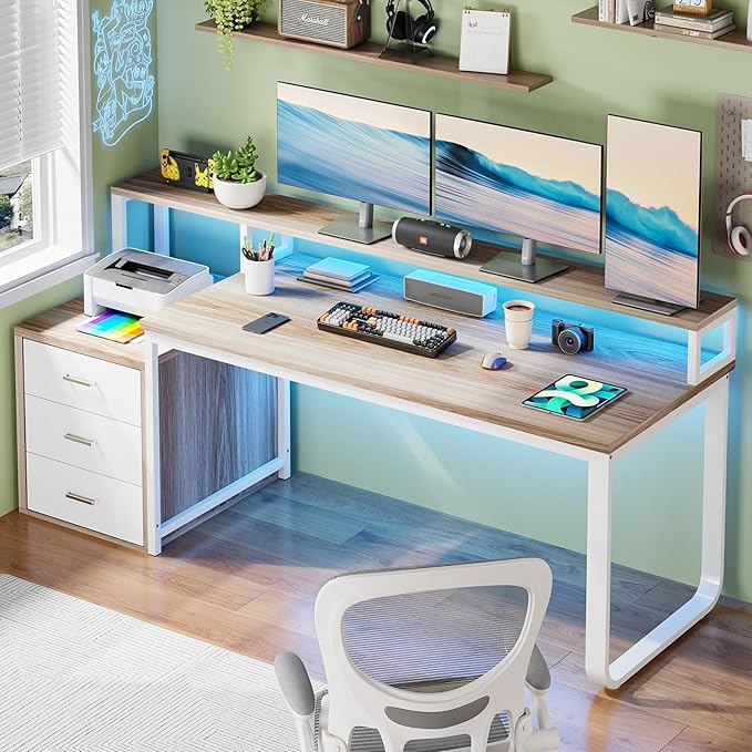 HOMBCK 67" Computer Desk with 3 Drawers, Home Office Desk with Long Monitor Stand and Printer Space, Office Desk with Storage & LED Lights, Writing Desk with Drawers, Walnut and White