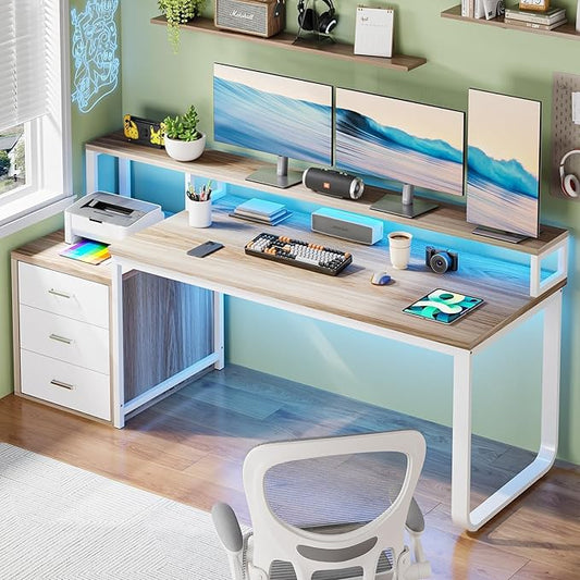 HOMBCK 67" Computer Desk with 3 Drawers, Home Office Desk with Long Monitor Stand and Printer Space, Office Desk with Storage & LED Lights, Writing Desk with Drawers, Walnut and White