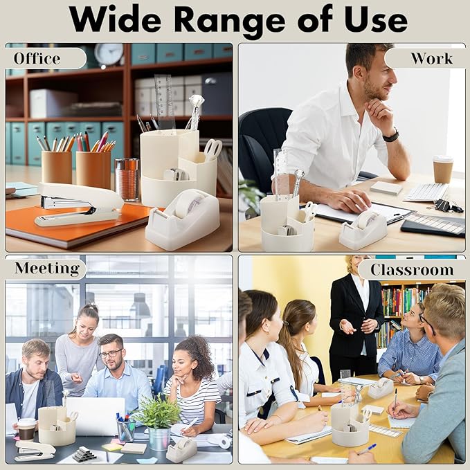 Marspark Beige Office Desk Accessories 12 Pcs Office Supplies Set 360° Rotating Pen Holder, Stapler, Tape Dispenser, Scissor, Sticky Notes, Binder Clips, Desk Organizers Gift for School
