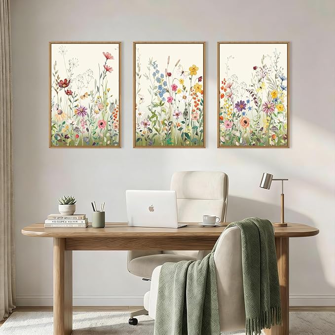 Aryroi Large Colorful Wildflower Framed Canvas Wall Art Set,Vintage Spring Flowers Green Leaf Decor,Watercolor Daisy Floral Botanical Artwork for Living Room, Bedroom,Office- 16"x24"x3