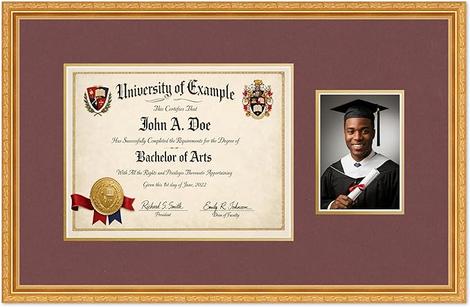 CountryArtHouse Fits 13 x 10 College Diploma (Traditional) and 5 x 7 Photo Diploma and Photo Frame Museum Gold Genuine Hardwood with Dark Red Over Metallic Gold Double mat