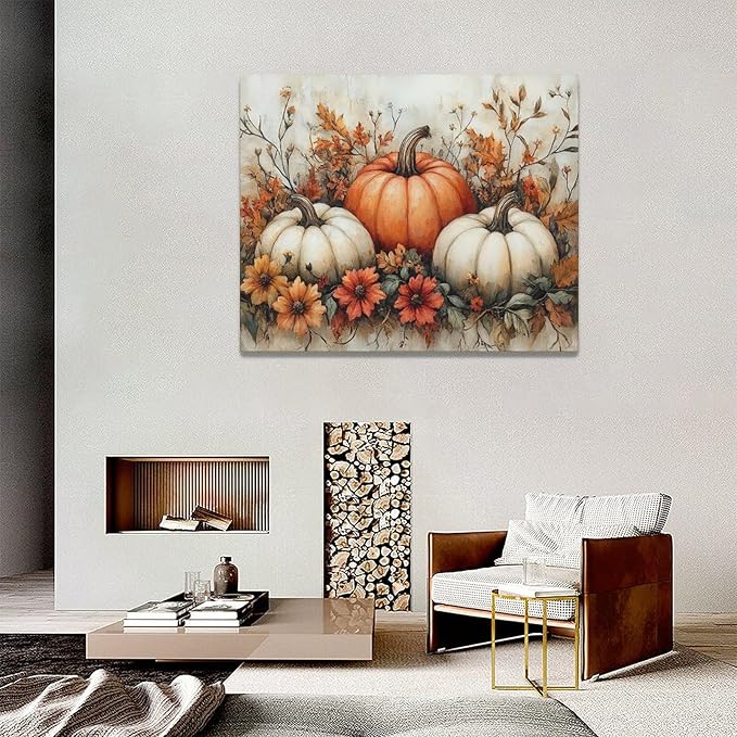 Fall Pumpkin Wall Art Autumn Leaf Pictures Wall Decor Maple Leaves Canvas Painting Modern Artwork Home Decoration for Living Room Bathroom Bedroom Office Framed 20"x16"
