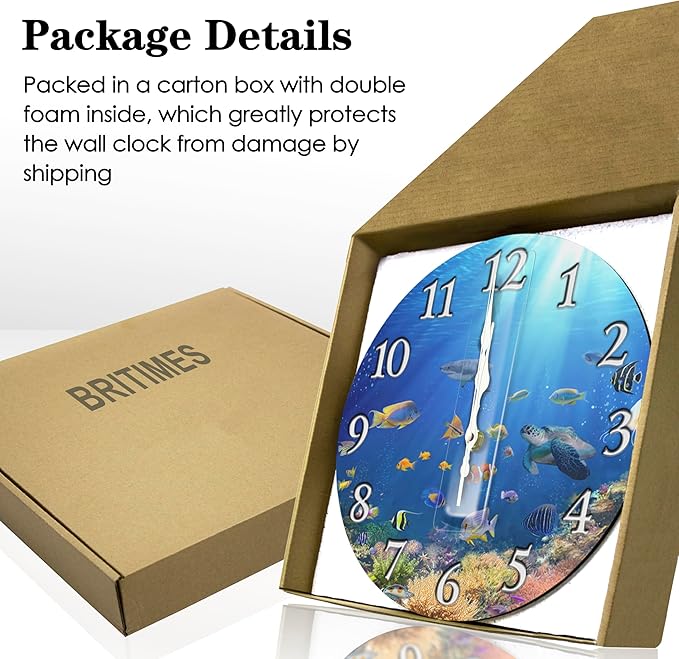 Britimes Round Wall Clock Silent Non-Ticking Battery Operated Clock 10 Inch, Underwater Coral Reef Tropical Fish Home Decor for Living Room, Bathroom, Bedroom, Kitchen, Office and School