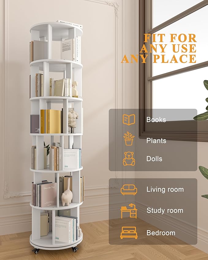 Rotating Bookshelf, 6 Tier Solid Wood Bookshelf Tower with Lockable Wheels, 360° Spinning Revolving Bookcase for Small Spaces, Corners, Bedroom, Kids Room, Home Office, White