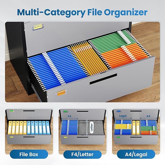 2 Drawer File Cabinet, Lateral Filing Cabinets for Home Office, Office Storage Drawers with Lock, Hanging Files Legal/Letter A4 Size (Assemble Required,Black Grey)