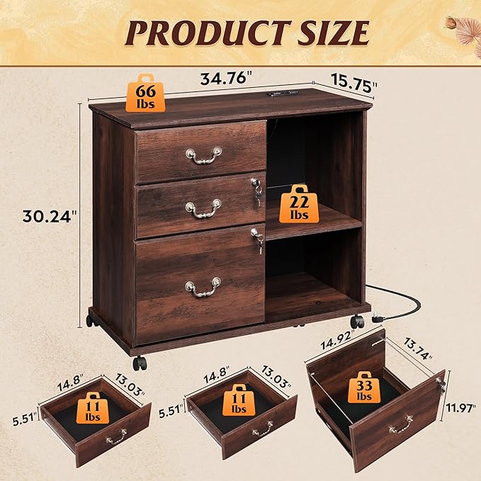 DEVAISE 3 Drawer File Cabinet with Charging Station, Wood Lateral Filing Cabinet with Lock, Rolling Printer Stand with Storage for Home Office, Brown Oak