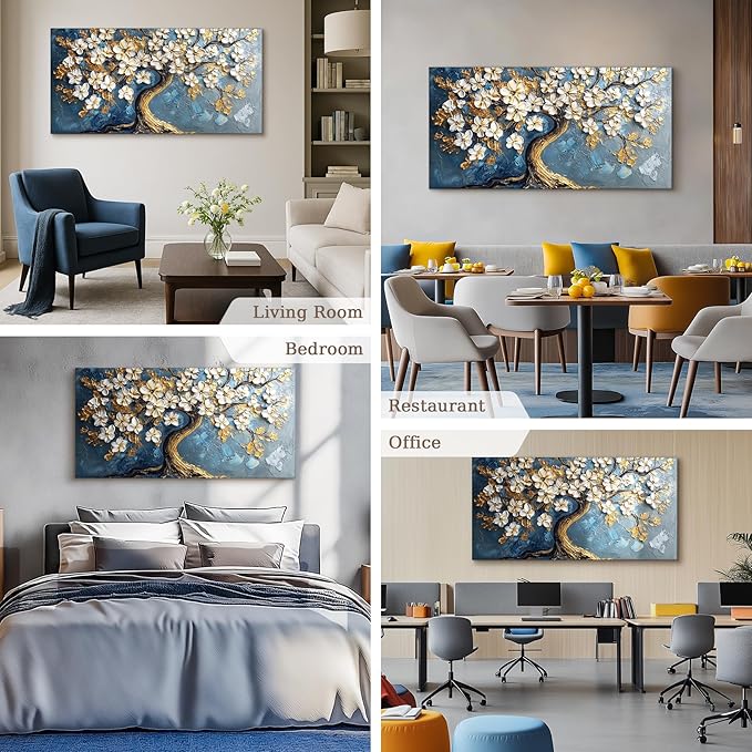 SERIMINO Gold Tree of Life Large Wall Art, Abstract Tree Oil Painting Art Prints, Cherry Blossom Flower Canvas Art Wall Decor, Modern Aesthetic Wall Pictures for Living Room Bedroom Office 24"X48"