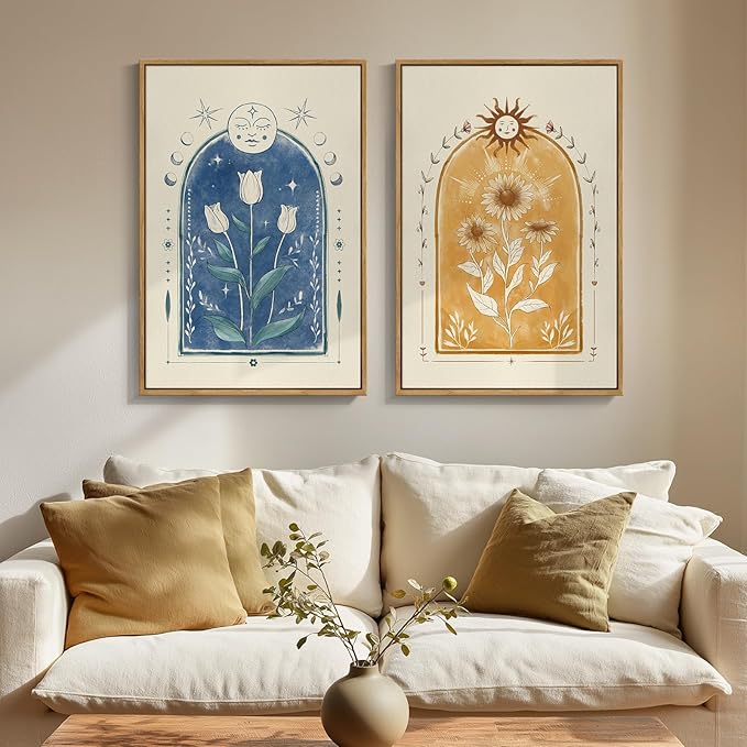 Framed Mid Century Modern Tarot Wall Art for Living Room, Set of 2 Boho Abstract Sun and Moon Floral Canvas Artwork for Walls, Bohemian Painting Print Wall Decor for Bedroom Hallway Office, 16x24 Inch