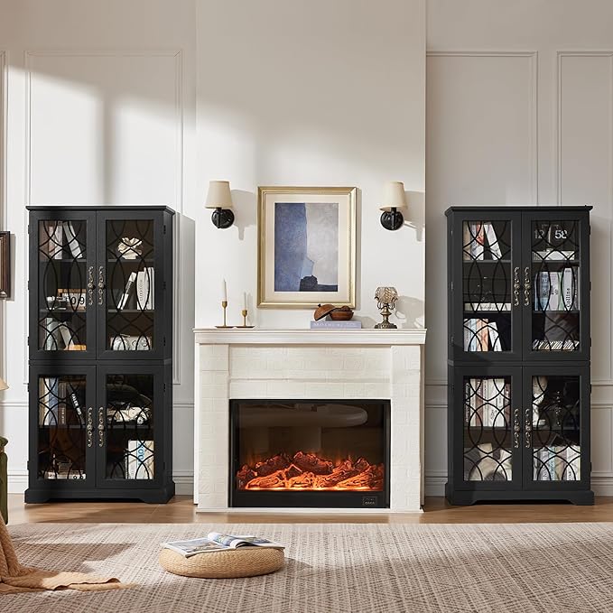 67" Tall Bookshelf, Rustic Book Shelf w/Vintage Pattern Tempered Glass Doors, 5-Tier Wood Bookcase with Adjustable Storage Shelves, Retro Curio Display Cabinet for Living Room, Black