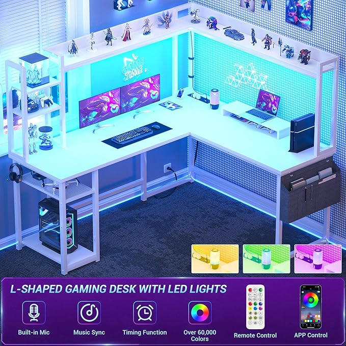 Aheaplus L Shaped Gaming Desk, Reversible L Shaped Desk with Power Outlet and Led Lights, Gaming Desk Corner Computer Desk with Hutch, Monitor Stand and Storage Bag for Home Office, White