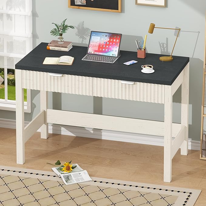 Fluted Computer Desk with 2 Drawers, 39 Inch Small Computer Desk with Storage, Compact Writing Study Desk for Small Spaces, Black and White