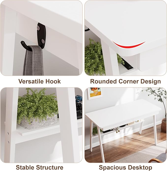 Solid Wood Desk with Drawers - 47.2 Inch Writing Desk with Drawers & Storage Shelf, Simple Modern Study Table, Home Office Computer Desks for Bedroom & Home, White Desks