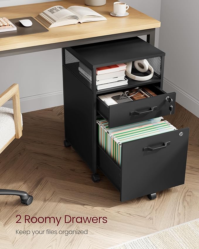 VASAGLE File Cabinet, Mobile Filing Cabinet with Wheels, 2 Lockable Drawers, Open Shelf, for A4, Letter Size, Hanging File Folders, Ink Black UOFC077B16