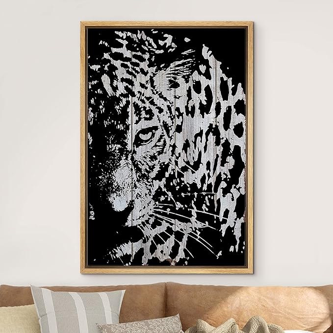 IDEA4WALL Framed Canvas Print Wall Art Grayscale Spotted Leopard on Light Wood Panels Animals WildLife Illustrations Modern Art Tropical Portrait for Living Room, Bedroom, Office - 16"x24" NATURAL
