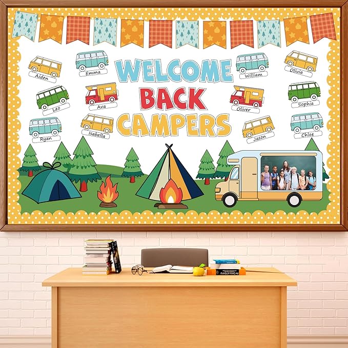 Summer Camping Bulletin Board Decorations Set Welcome Back Camper Classroom Decor Adventure Camp Themed Campfire Tent Paper Cutouts for Woodland Party Back to School Chalkboard Wall Supplies Favor