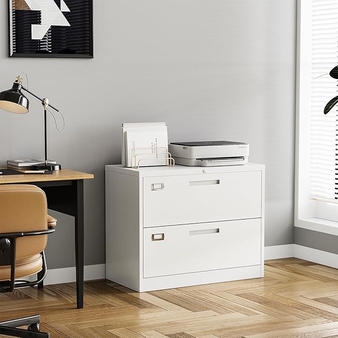 2 Drawer Lateral File Cabinet with Lock, Metal Filing Cabinets for Home Office, Wide Locking File Caninets, White Office Storage Cabnet for Hanging Letter/Legal / A4 / F4 - Assembly Required
