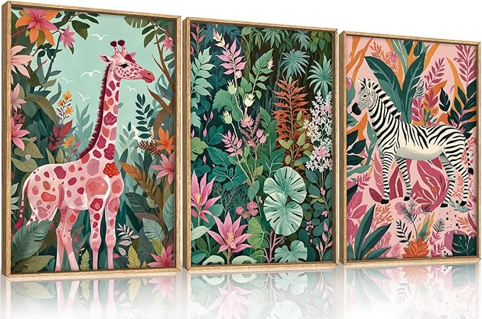 Spring Boho Sage Green Pink Giraffe Zebra Jungle Framed Canvas Wall Art Set,Natural Safari Tropical Wildlife Wall Decor,Modern Wild Animal Botanical Artwork for Living Room,Farmhouse -16"x24"x3