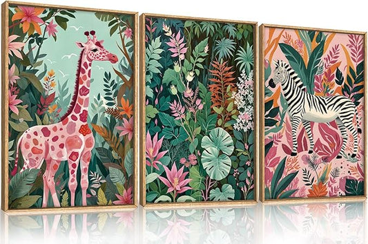 Spring Boho Sage Green Pink Giraffe Zebra Jungle Framed Canvas Wall Art Set,Natural Safari Tropical Wildlife Wall Decor,Modern Wild Animal Botanical Artwork for Living Room,Farmhouse -16"x24"x3