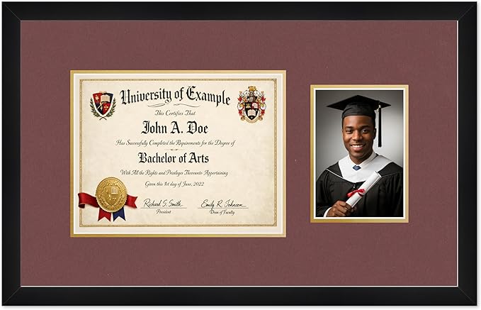 CountryArtHouse Fits 11 x 8.5 US Letter Certificate and 5 x 7 Photo Diploma and Photo Frame Matte Black Genuine Hardwood with Dark Red Over Metallic Gold Double mat
