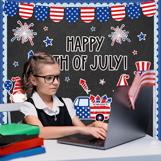 AnyDesign 4th of July Bulletin Board Decoration Red Blue Patriotic Gnome Truck Paper Cutouts with 150 Pcs Glue Points for Happy Independence Day Party Classroom Wall Decor, 72 Pcs