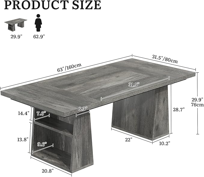YITAHOME 63" Executive Desk, Large Office Desk Computer Desk with Double Pedestal and Storage Shelves, Wood Simple Workstations Writing Table Conference Table Business Furniture for Home Office, Grey