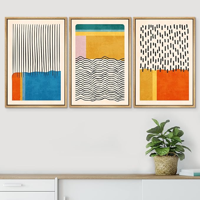 SIGNWIN Framed Canvas Print Wall Art Set Mid-Century Vibrant Color Block Collage Abstract Geometric Illustrations Graffiti & Street Art Modern Art for Living Room, Bedroom, Office - 16"x24"x3 Natural