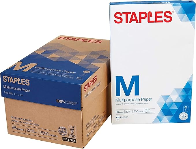 Staples Inkjet Paper – 11” x 17” Multipurpose Paper, 1 Carton of 5 Reams for 2,500 Total Sheets, 20 lbs