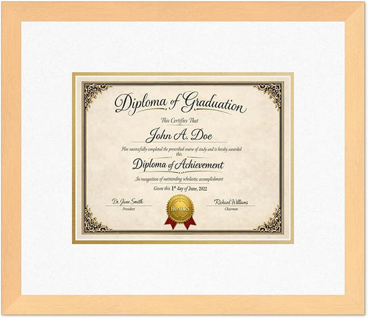 Diploma Frame Natural Wood with Oyster Shell Over Gold Double Mat - Fits 11 x 8.5 US Letter Certificate Wall Display Made in the USA