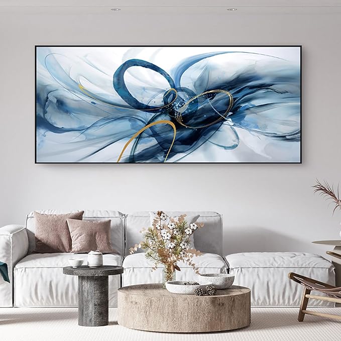 XLSJERST Abstract Wall Art for Living Room - Extra Large 86x39 Inches Canvas Frame Wall Decor Blue Picture Artwork for Bedroom Office Home Decoration
