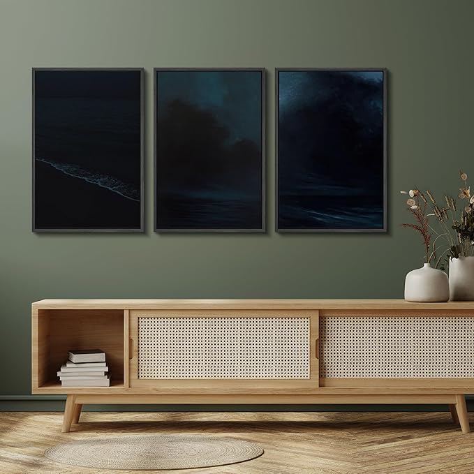SIGNFORD Framed Wall Art Print Set Midnight Ocean Waves Dramatic Dark Seascape Digital Art Modern Art Contemporary for Living Room, Bedroom, Office - 16"x24"x3 Black