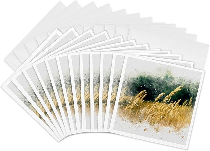 3dRose Greeting Cards - Image Of Watercolor Field Of Wheat Art - 12 Pack - Impressionist Mixed Media Art