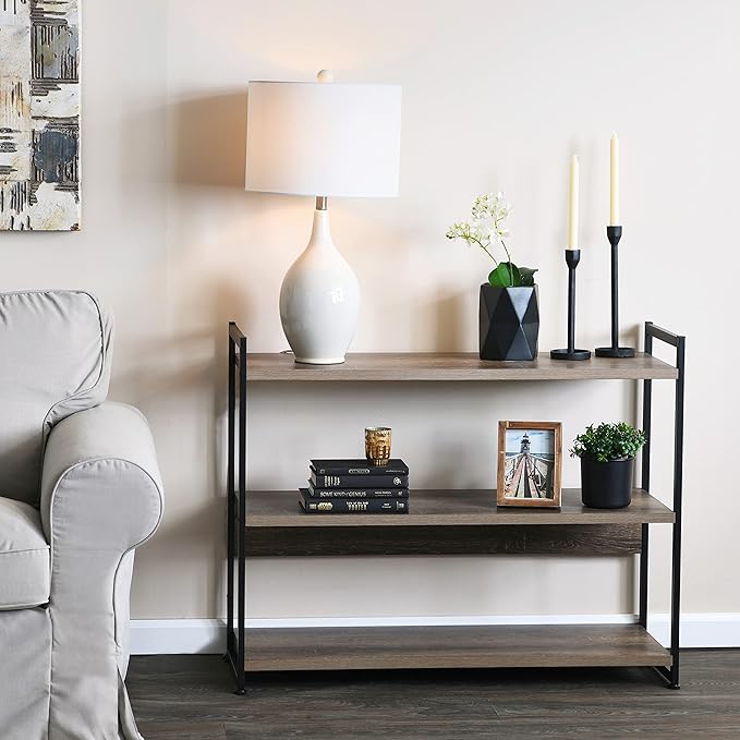 Household Essentials Jamestown Wide 3 Shelf Open Storage Bookshelf Ashwood Rustic Wood Grain and Black Metal