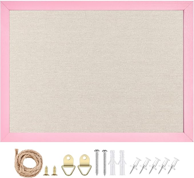 Linen Bulletin Board,10.2"x14.2" Pink Wood Frame Bulletin Boards,Beige Linen,Small Pin Board for Home Kitchen Office Decorative(PK-2636)