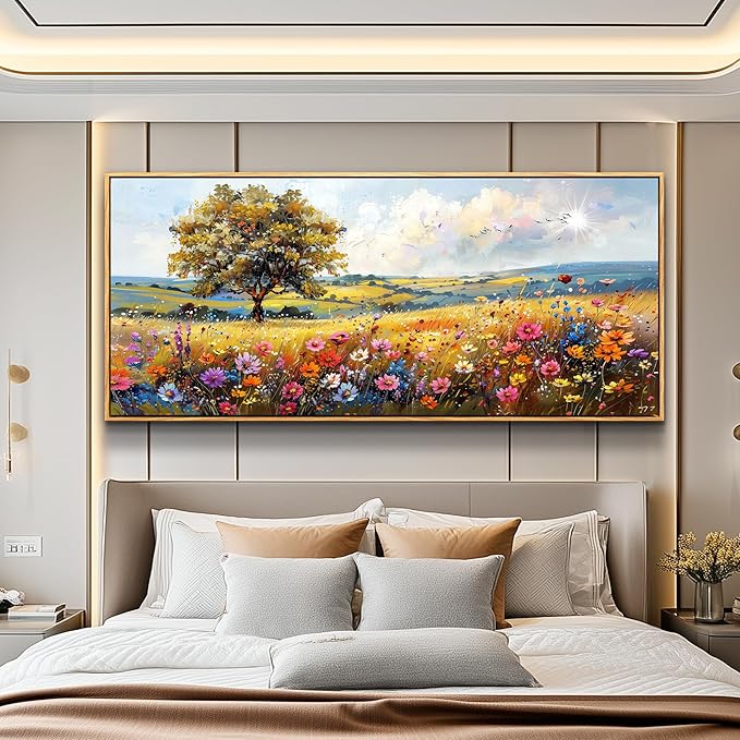hyidecorart Farmhouse Wall Art For Living Room Pictures For Bedroom Wall Decor Natural Scenery Wall Painting Office Artwork Colorful Flowers And Trees Canvas Prints Hanging Decor Wood Framed 72x32