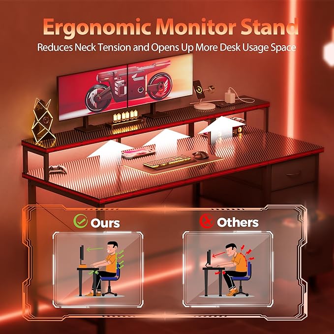 Mericonia Computer Desk 63 inch with Power Outlets & LED Lights, Gaming Desk with 3 Drawers for Home Office, Small Desk with Monitor Stand for Small Spaces, Study Writing Desk