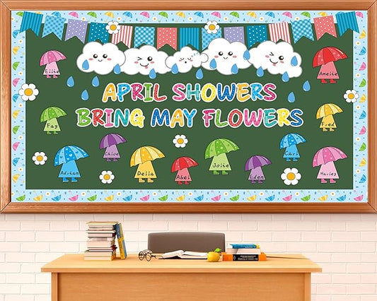 gisgfim April Showers Bring May Flowers Bulletin Board Set Spring Easter Classroom Decorations Colorful Umbrella Clouds Floral Paper Cutouts for School Home Nursery Chalkboard Door Wall Decor