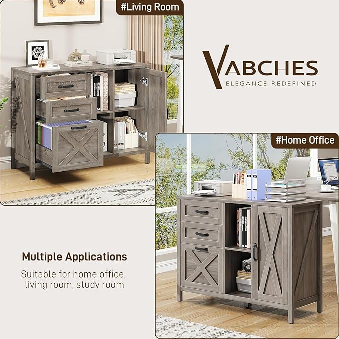 Vabches Lateral File Cabinet, Farmhouse 3 Drawer File Cabinet with Open Storage Shelf for Letter/A4/Legal Size Hanging Files, Large Wood Storage Cabinets Printer Stand for Home Office, Grey