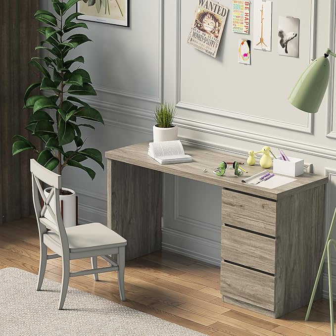 furtble Computer Desk with Drawers, 53.5 inches Wood Work Desk, Home Office Desk Workstation with Storage, Farmhouse Computer Table for Bedroom, Living Room, Grey Oak