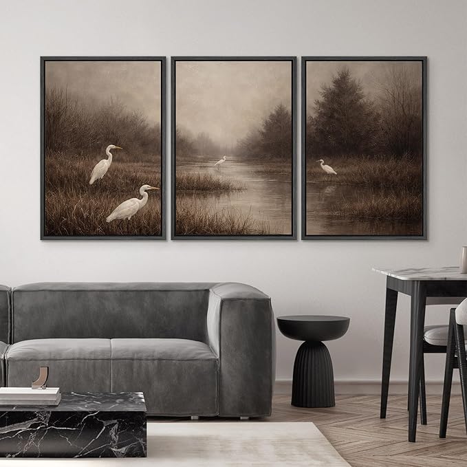 SIGNWIN Framed Canvas Print Wall Art Set Misty Marsh Herons Illustrations Decorative Relax/Calm Zen for Living Room, Bedroom, Office - 16"x24"x3 BLACK